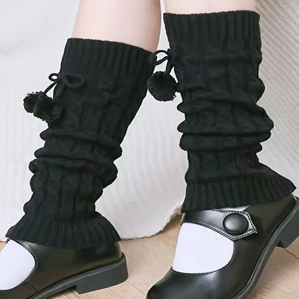 NEW Black Leg Warmers Cable Knit Pompom
